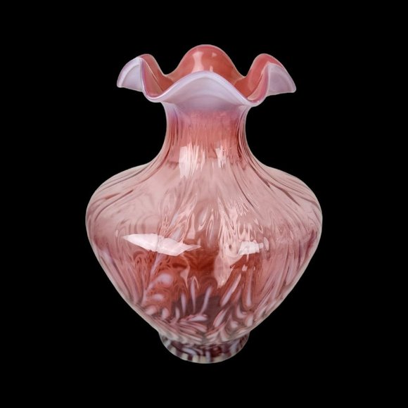 VTG Fenton Vase 11.5" Daisy & Fern Cranberry Opalescent Glass Ruffled White Pink - Picture 1 of 10